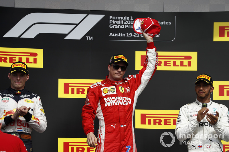 Podio: segundo lugar Max Verstappen, Red Bull Racing, ganador de la carrera Kimi Raikkonen, Ferrari,y tercer lugar Lewis Hamilton, Mercedes AMG F1