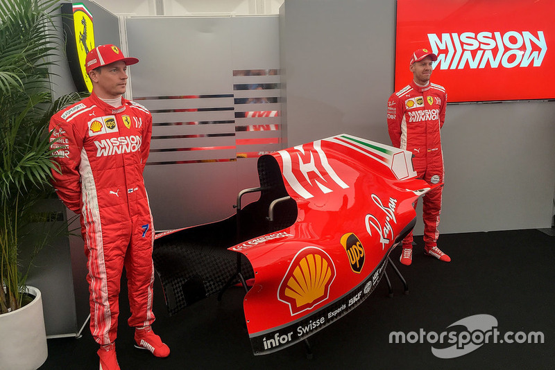 Sebastian Vettel, Kimi Raikkonen, Ferrari, présentent la livrée Mission Winnow