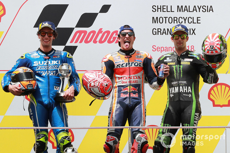 podium: race winner Marc Marquez, Repsol Honda Team, second place Alex Rins, Team Suzuki MotoGP, third place Johann Zarco, Monster Yamaha Tech 3