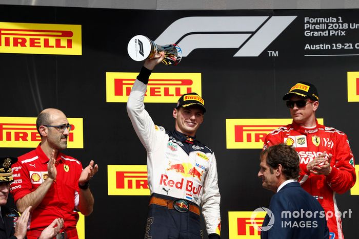 Podio: segundo lugar Max Verstappen, Red Bull Racing, ganador de la carrera Kimi Raikkonen, Ferrari y tercer lugar Lewis Hamilton, Mercedes AMG F1