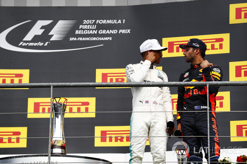Podium: Race winner Lewis Hamilton, Mercedes AMG F1, Daniel Ricciardo, Red Bull Racing