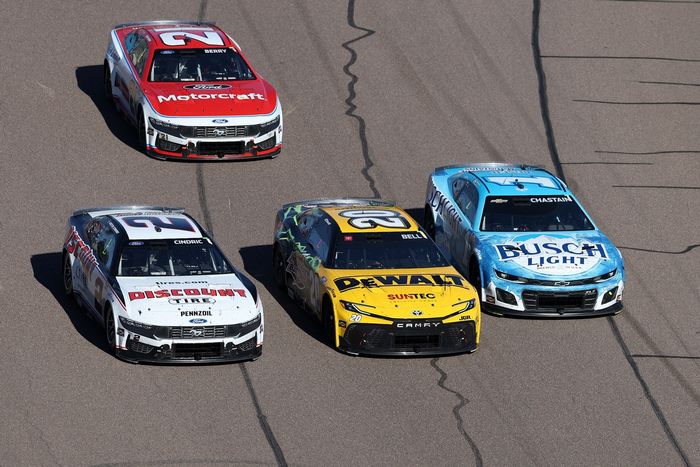 Austin Cindric, Team Penske Ford, Christopher Bell, Joe Gibbs Racing Toyota, Ross Chastain, Trackhouse Racing Chevrolet, Josh Berry, Wood Brothers Racing Ford