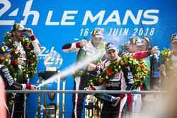 Overall podium: winners Sébastien Buemi, Kazuki Nakajima, Fernando Alonso, Toyota Gazoo Racing, second place Mike Conway, Kamui Kobayashi, Jose Maria Lopez, third place Mathias Beche, Gustavo Menezes, Thomas Laurent, Rebellion Racing