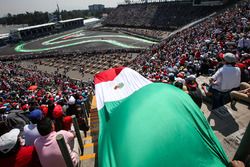 Sergio Perez, Sahara Force India VJM10 and Mexican flag in the grandstand