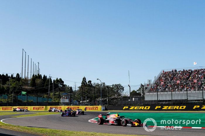 Alex Albon, Red Bull RB15, Pierre Gasly, Toro Rosso STR14, and Lance Stroll, Racing Point RP19