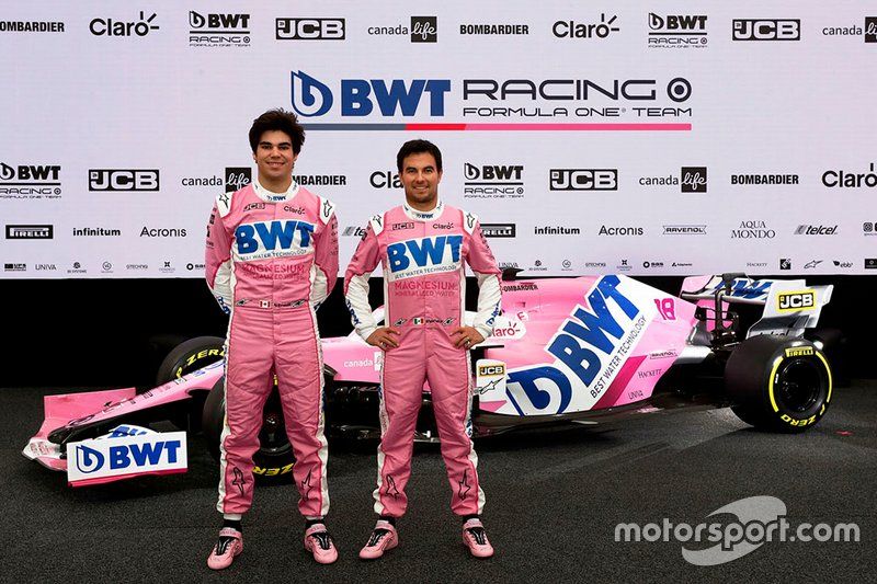 Sergio Pérez, Racing Point, Lance Stroll, con la nueva decoración del Racing Point