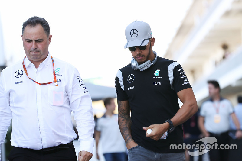 (L to R): Ron Meadows, Mercedes GP Team Manager with Lewis Hamilton, Mercedes AMG F1