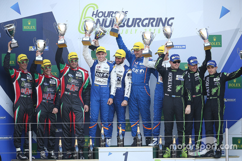 Podio LM P2: primer lugar Gustavo Menezes, Nicolas Lapierre, Stéphane Richelmi, Signatech, segundo lugar Ricardo González, Filipe Albuquerque, Bruno Senna, RGR Sport by Morand, tercer lugar Ryan Dalziel, Pipo Derani, Christopher Cumming, Extreme Speed Moto
