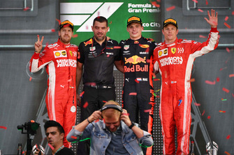 (L to R): Sebastian Vettel, Ferrari, Guillaume Rocquelin, Red Bull Racing Race Engineer, Max Verstappen, Red Bull Racing and Kimi Raikkonen, Ferrari celebrate on the podium and Armin van Buuren, DJ
