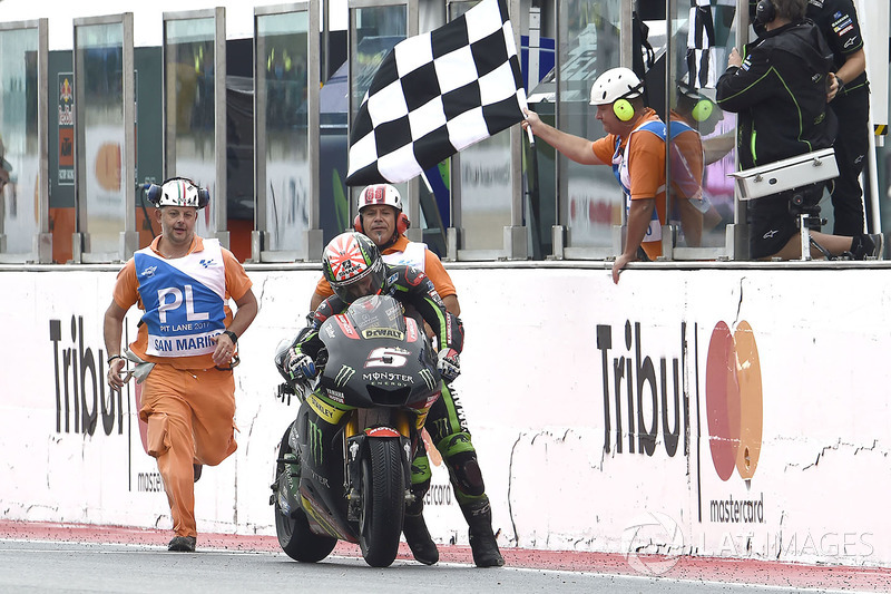 Johann Zarco, Monster Yamaha Tech 3 pushes his bike over the finish line