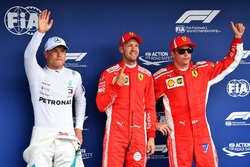 Valtteri Bottas, Mercedes-AMG F1, Sebastian Vettel, Ferrari amd Kimi Raikkonen, Ferrari celebrate in parc ferme