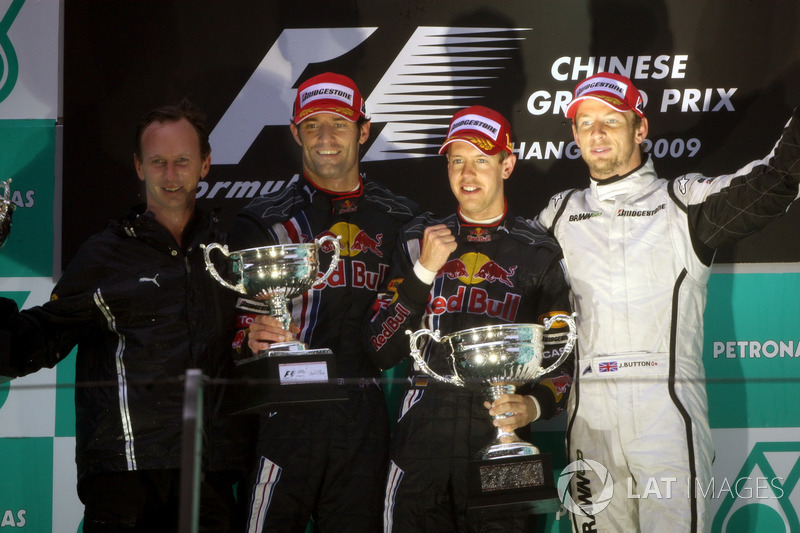 Podium: Christian Horner, Red Bull Racing Team Principal, second place Mark Webber, Red Bull Racing, Race winner Sebastian Vettel, Red Bull Racing, third place Jenson Button, Brawn GP