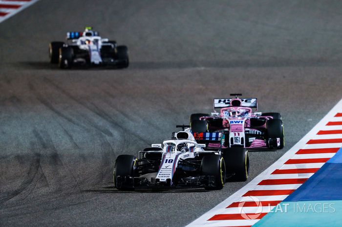Lance Stroll, Williams FW41 Mercedes, Sergio Perez, Force India VJM11 Mercedes, and Sergey Sirotkin, Williams FW41 Mercedes