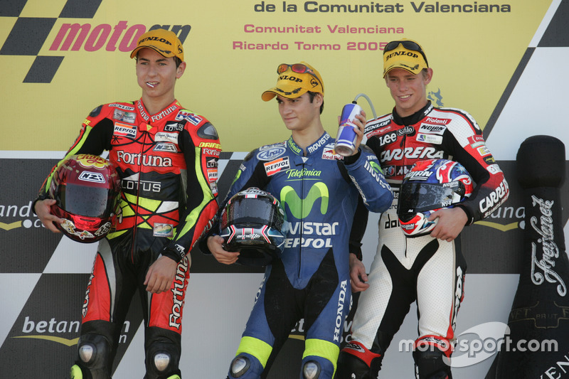 Podio: ganador de la carrera Dani Pedrosa; segundo lugar Jorge Lorenzo; tercer lugar Casey Stoner