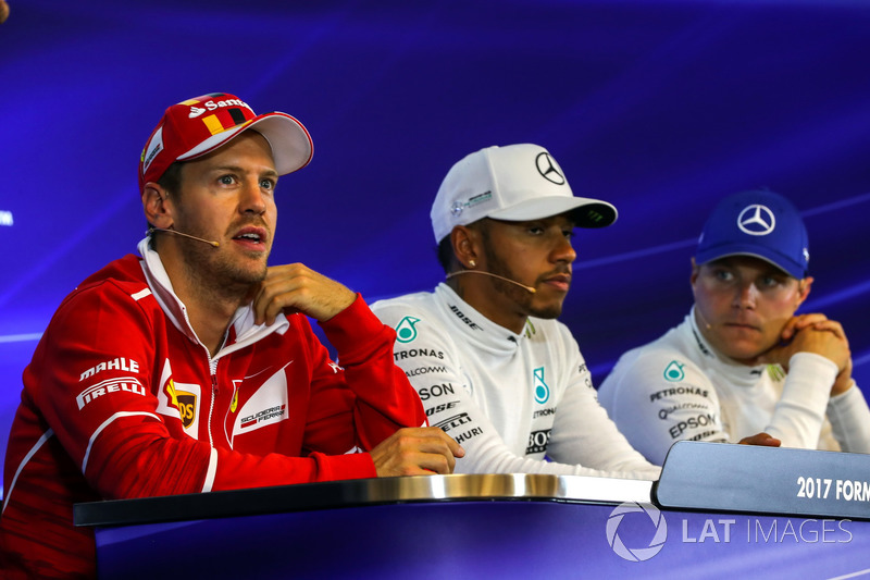 Sebastian Vettel, Ferrari, Lewis Hamilton, Mercedes AMG F1 and Valtteri Bottas, Mercedes AMG F1 in the Press Conference