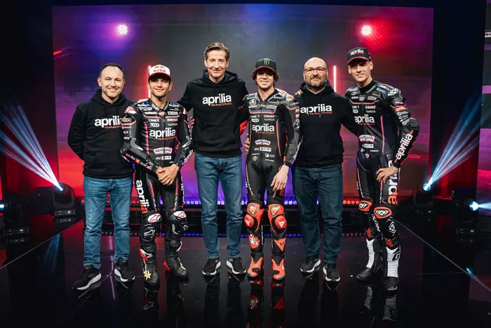 Paolo Bonoro, Aprilia Racing team manager, Jorge Martin, Aprilia Racing. Massimo Rivola, Aprilia Racing CEO, Marco Bezzecchi, Aprilia Racing. Fabiano Sterlacchini, technical director Aprilia Racing, Lorenzo Savadori, Aprilia Racing 