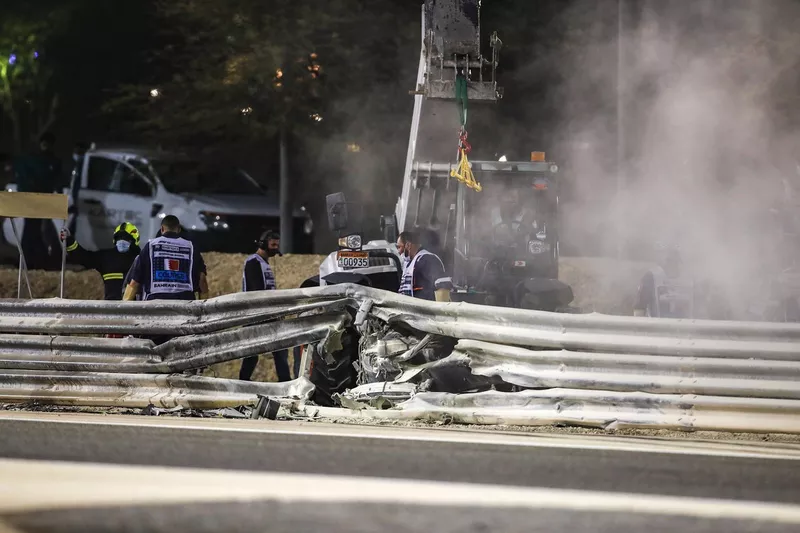 The hole in the Armco where Romain Grosjean's Haas VF-20 hit it