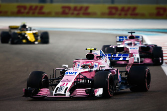 Esteban Ocon, Racing Point Force India VJM11 leads Sergio Perez, Racing Point Force India VJM11