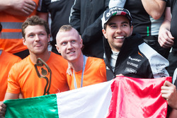 Sergio Perez, Sahara Force India F1 celebrates his third position with the team