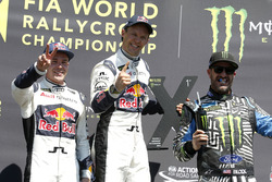 Podium : le 2e Toomas Heikkinen, EKS RX, le vainqueur Mattias Ekström, EKS RX, et le 3e Ken Block, Hoonigan Racing Division