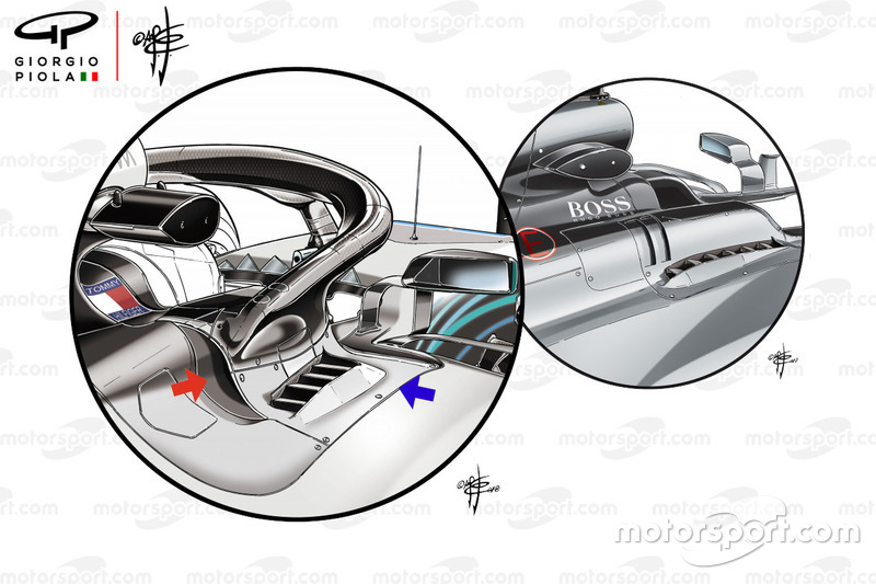 Mercedes W09 extra cooling vents, 2018 vs 2017