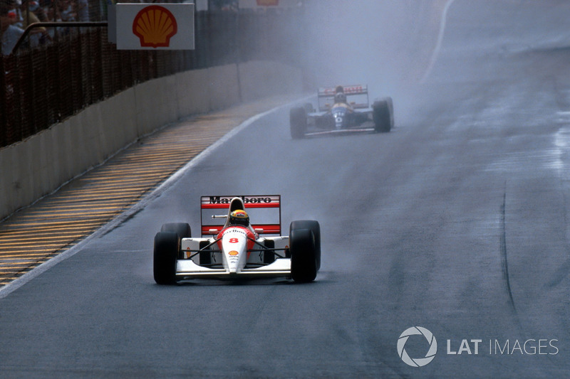 Ayrton Senna, McLaren MP4/8 leads second place finisher Damon Hill, Williams FW15C