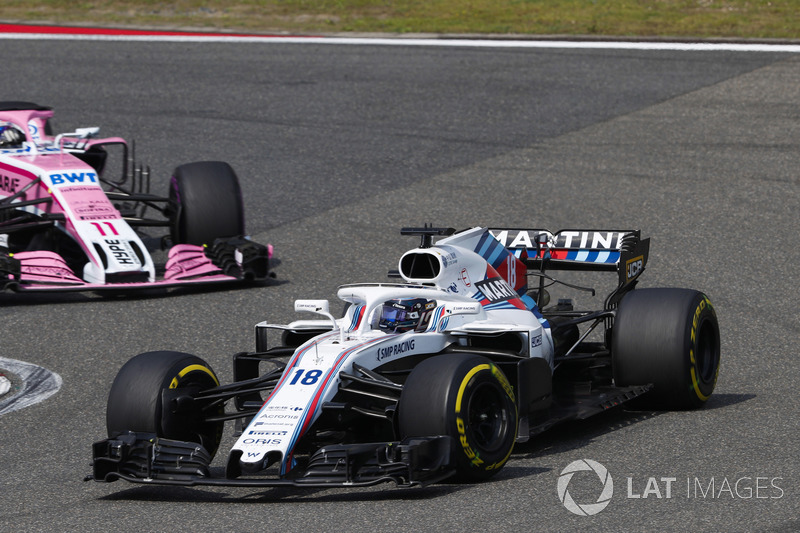 Lance Stroll, Williams FW41 Mercedes, leads Sergio Perez, Force India VJM11 Mercedes