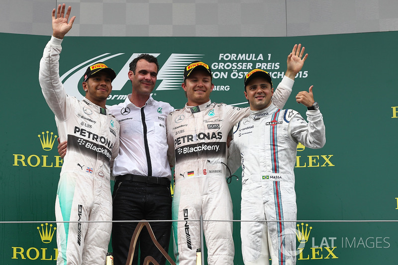 Lewis Hamilton, Mercedes AMG F1, race winner Nico Rosberg, Mercedes AMG F1 and Felipe Massa, Williams celebrate on the podium