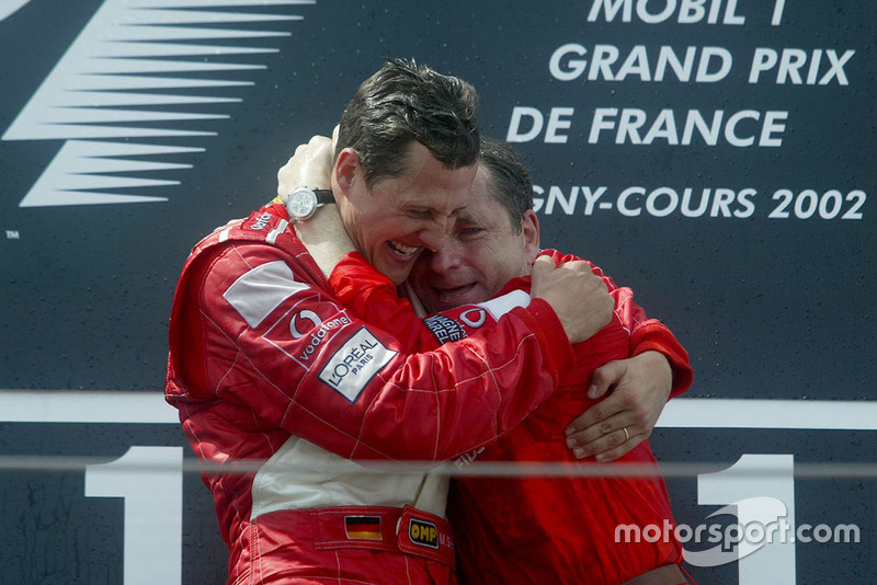 Podium: race winner Michael Schumacher, Ferrari celebrates with Jean Todt, Ferrari