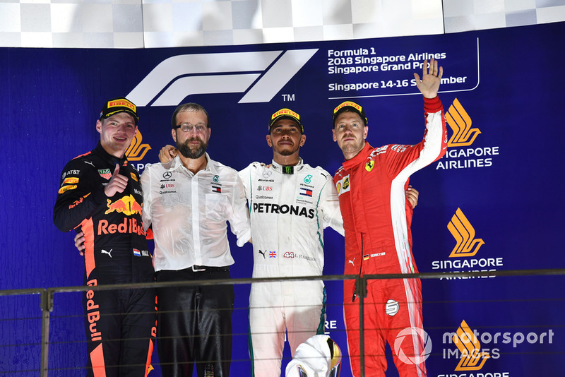 (L to R): Max Verstappen, Red Bull Racing, Lewis Hamilton, Mercedes AMG F1 and Sebastian Vettel, Ferrari celebrate on the podium 