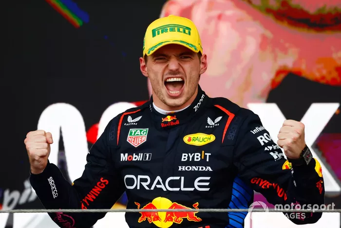Max Verstappen, Red Bull Racing, 1st position, celebrates on the podium