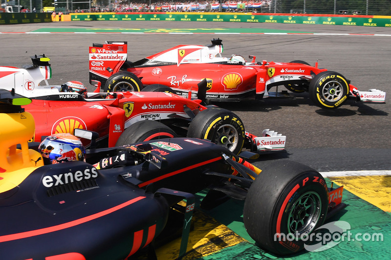 Sebastian Vettel, Ferrari, Kimi Raikkonen, Ferrari, Max Verstappen, Red Bull Racing collide at La Source hairpin