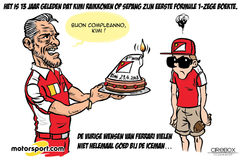 Cartoon van Cirebox - Viering van Kimis eerste F1-zege