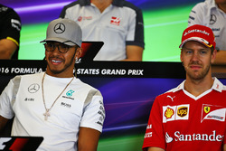 (L to R): Lewis Hamilton, Mercedes AMG F1 and Sebastian Vettel, Ferrari in the FIA Press Conference