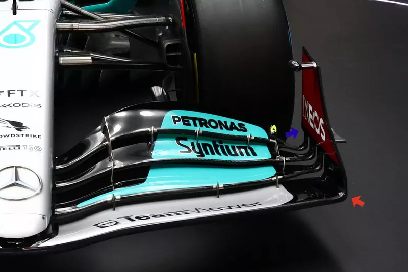 Mercedes W13 dettaglio dell'alettone anteriore