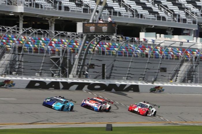 #42 NTE Sport Lamborghini Huracan GT3 EVO2: Don Yount, Jaden Conwright, Kerong Li, Alessio Deledda, #64 TGM/TF Sport Aston Martin Vantage GT3: Ted Giovanis, Hugh Plumb, Matt Plumb, Owen Trinkler, #92 Kellymoss with Riley Porsche 911 GT3 R 992: David Brule, Alec Udell, Andrew Davis, Jeroen Bleekemolen