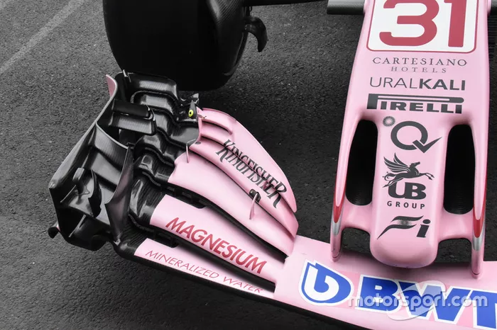 Force India VJM10, detail van de voorvleugel