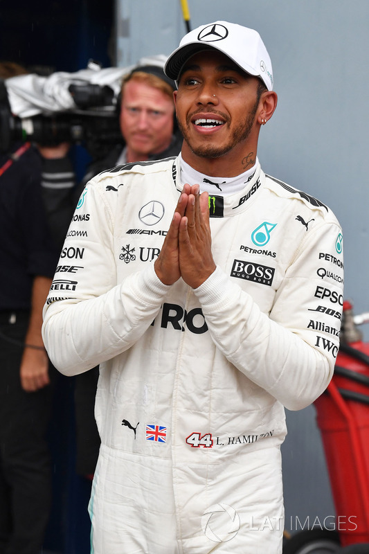 Pole sitter Lewis Hamilton, Mercedes AMG F1 celebrates in parc ferme