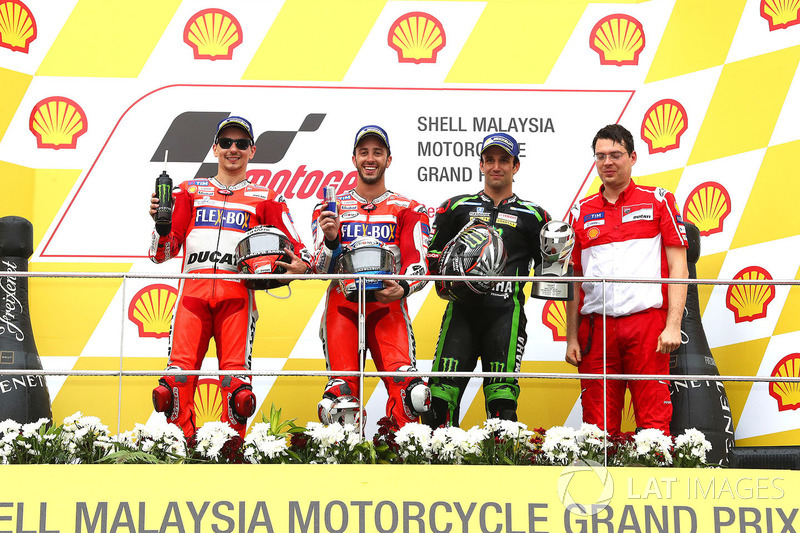 Podium: race winner Andrea Dovizioso, Ducati Team, second place Jorge Lorenzo, Ducati Team, third place Johann Zarco, Monster Yamaha Tech 3