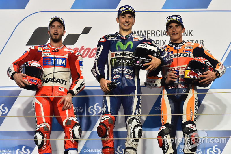 Podium: El ganador, Jorge Lorenzo, Movistar Yamaha MotoGP, Yamaha; segundo lugar, Andrea Dovizioso, Ducati Team, Ducati; tercer lugar, Marc Marquez, Repsol Honda Team, Honda