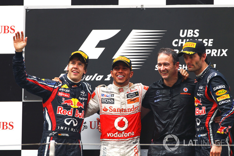 Podium: second place Sebastian Vettel, Red Bull Racing, Race winner Lewis Hamilton, McLaren, Jonathan Neale, McLaren Managing Director, third place Mark Webber, Red Bull Racing