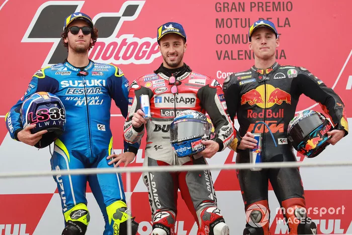Podio: Ganador, Andrea Dovizioso, Ducati Team, segundo, Alex Rins, Team Suzuki MotoGP, tercero, Pol Espargaro, Red Bull KTM Factory Racing
