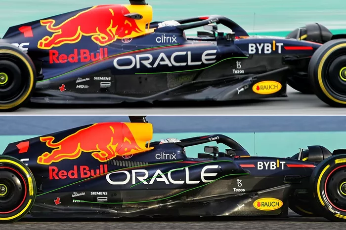 Comparación del pontón en el Red Bull Racing RB18