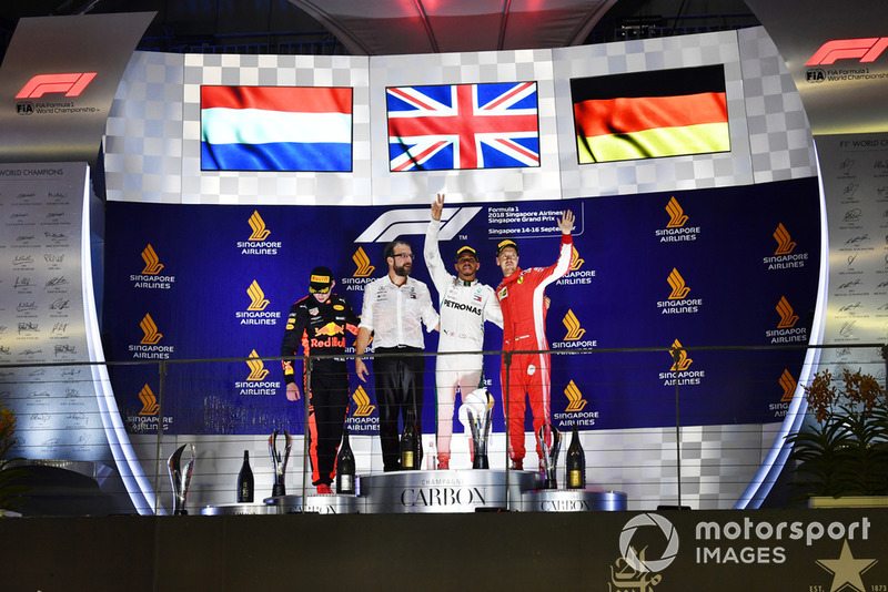 Max Verstappen, Red Bull Racing, Lewis Hamilton, Mercedes AMG F1 and Sebastian Vettel, Ferrari celebrate on the podium 