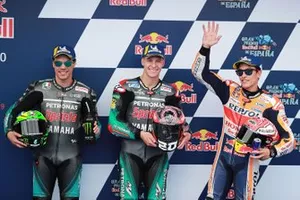 Le poleman Fabio Quartararo, Petronas Yamaha SRT, le deuxième, Franco Morbidelli, Petronas Yamaha SRT , le troisième, Marc Marquez, Repsol Honda Team