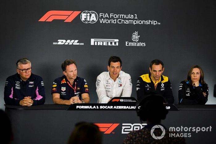 Otmar Szafnauer, Racing Point, Christian Horner, Red Bull Racing, Toto Wolff, Mercedes AMG, Cyril Abiteboul, Renault F1 Team y Claire Williams, Williams Racing.
