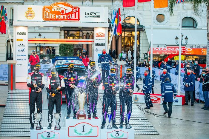 Podium: Winners Sébastien Loeb, Isabelle Galmiche, M-Sport Ford World Rally Team Ford Puma Rally1, second place Sébastien Ogier, Benjamin Veillas, Toyota Gazoo Racing WRT Toyota GR Yaris Rally1, third place Craig Breen, Paul Nagle, M-Sport Ford World Rally Team Ford Puma Rally1