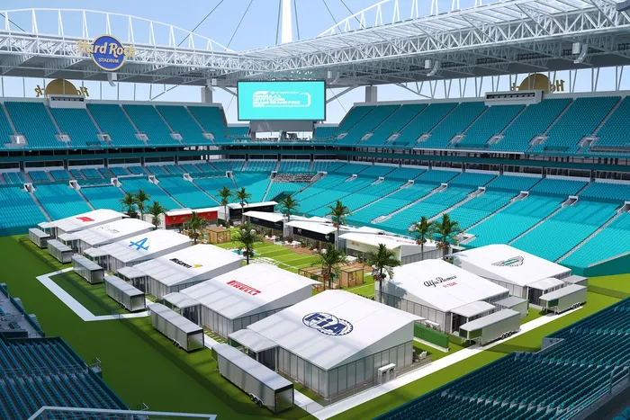 La zona de los equipos en el estadio de los Miami Dolphins para el GP de Miami de F1, el Team Village 