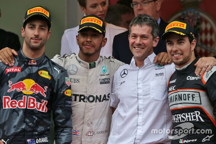 The podium,: Daniel Ricciardo, Red Bull Racing, second; Lewis Hamilton, Mercedes AMG F1, race winner; Sergio Perez, Sahara Force India F1, third