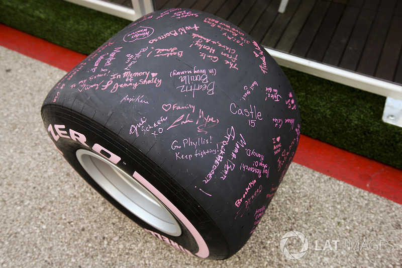 Signed pink Pirelli Ultra Soft tyre for breast cancer research